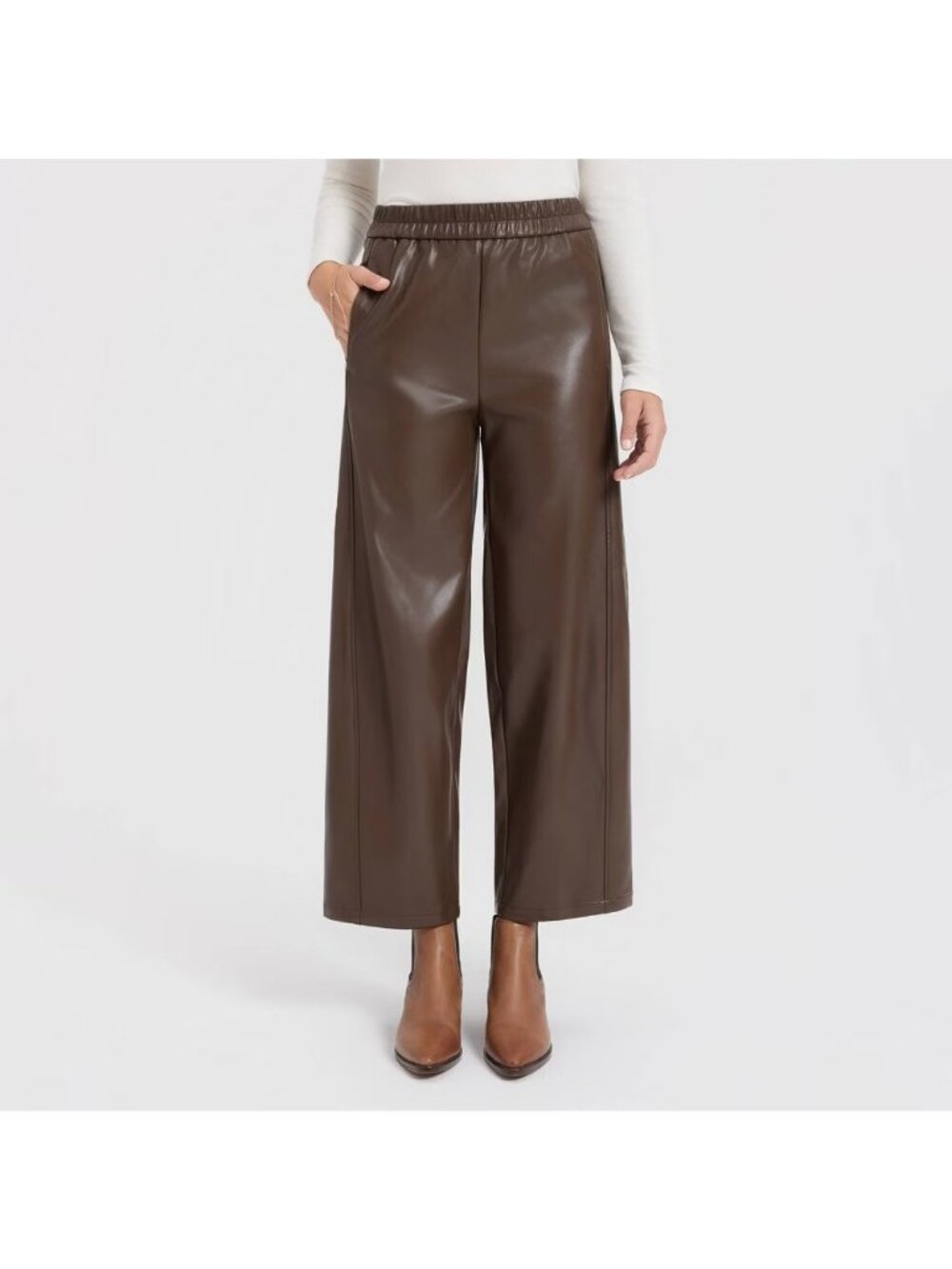 A New Day Brown Faux Leather Pants Pull on Ankle Length Barrel Leg -- Size Small